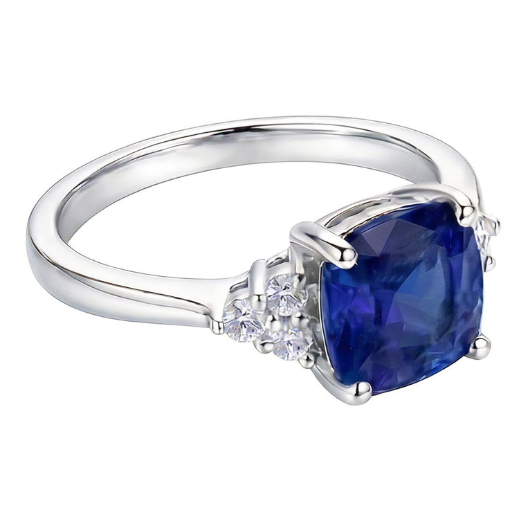 Bague Saphir Coussin Bijoux Pierres Précieuses 2.50 Carats Petit Diamant Rond