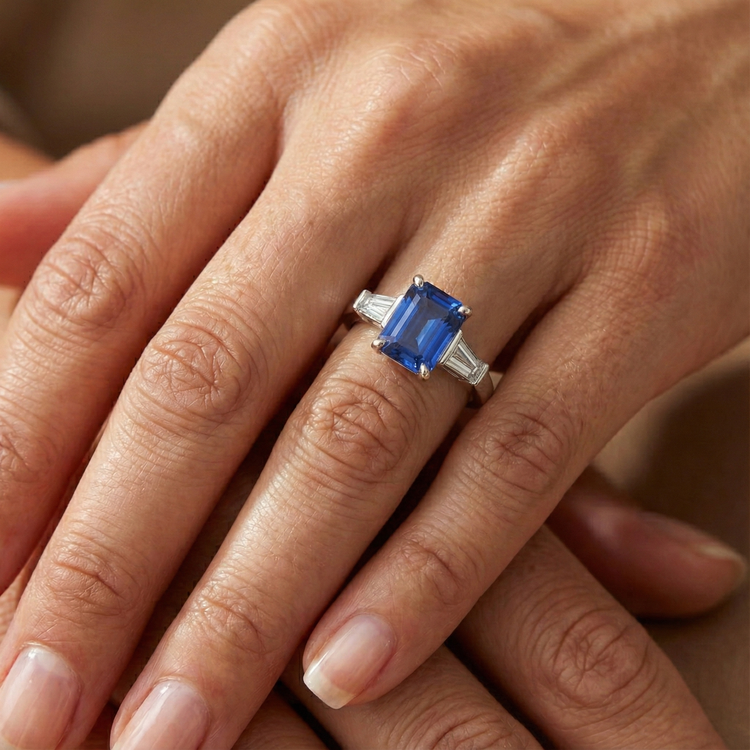 Bague Saphir Diamant Baguette 3 Pierres