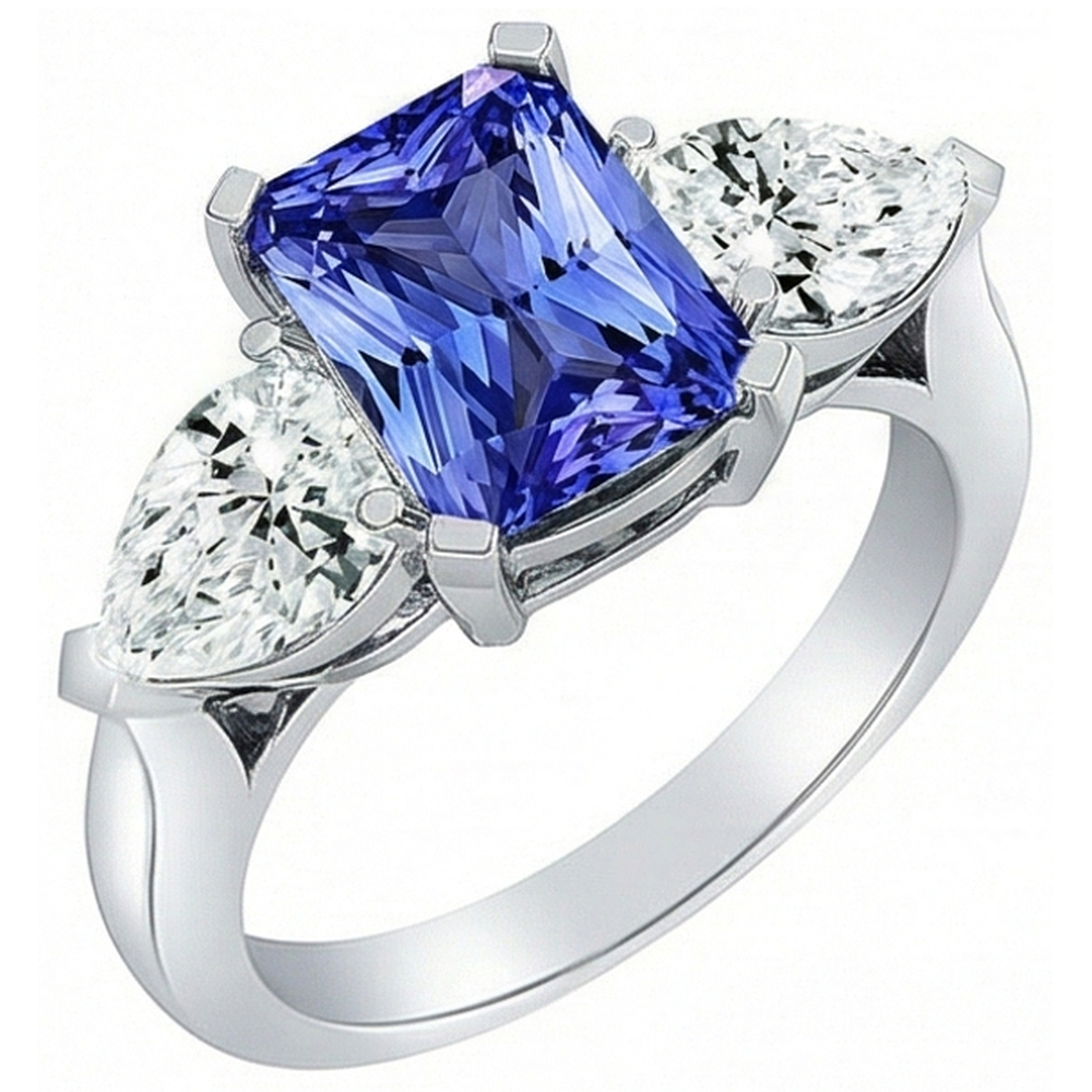 Bague Saphir Diamant Poire Serti Cathédrale 3 Pierres Or Blanc