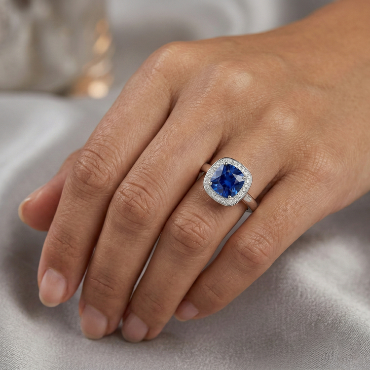 Bague Saphir Sri Lanka 3 Ct Taille Coussin Et Ronde Or Blanc 14K