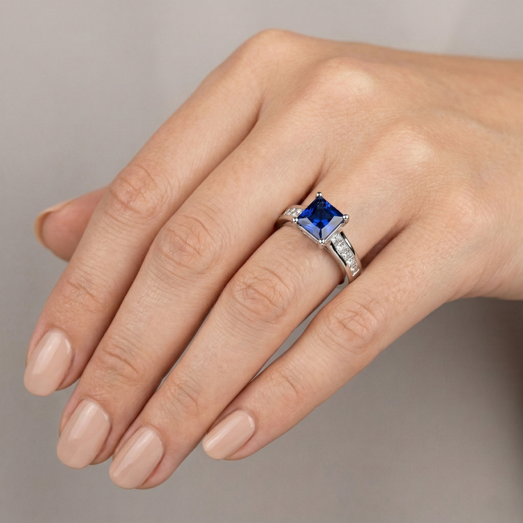 Bague Saphir Véritable Diamant Naturels Extraits des Mines ( et non cultivés en laboratoire ) Taille Princesse