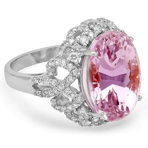 Bague Sertie De Griffes 36.75 Ct Kunzite Rose Avec Diamants Or Blanc 14K