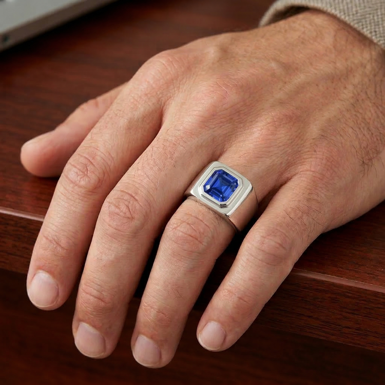 Bague Solitaire Homme 1.50 Carats Flush Set Saphir Bleu Asscher Cut
