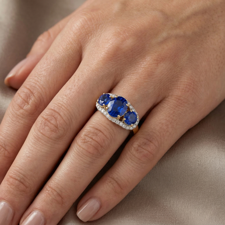 Bague Sri Lanka Saphir Bleu Diamants Naturels Extraits des Mines ( et non cultivés en laboratoire ) Ronds 6 Ct Bijoux