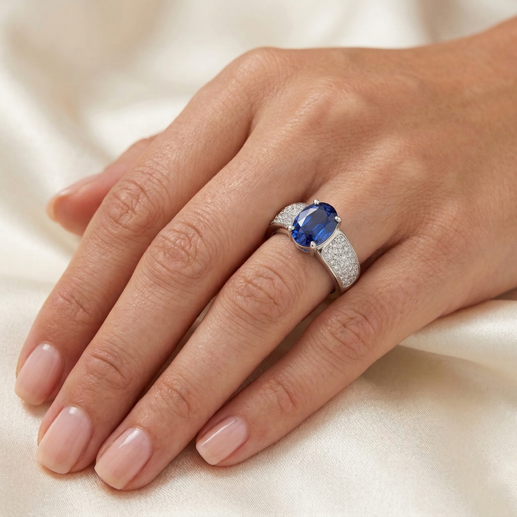 Bague Sri Lanka Saphir Bleu Diamants Naturels Extraits des Mines ( et non cultivés en laboratoire ) Ronds Or Blanc 4.40 Carats