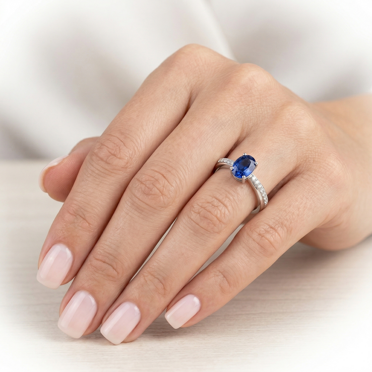 Bague Sri Lanka Saphir Ovale Avec Diamants Naturels Extraits des Mines ( et non cultivés en laboratoire ) Ronds 2.30 Ct