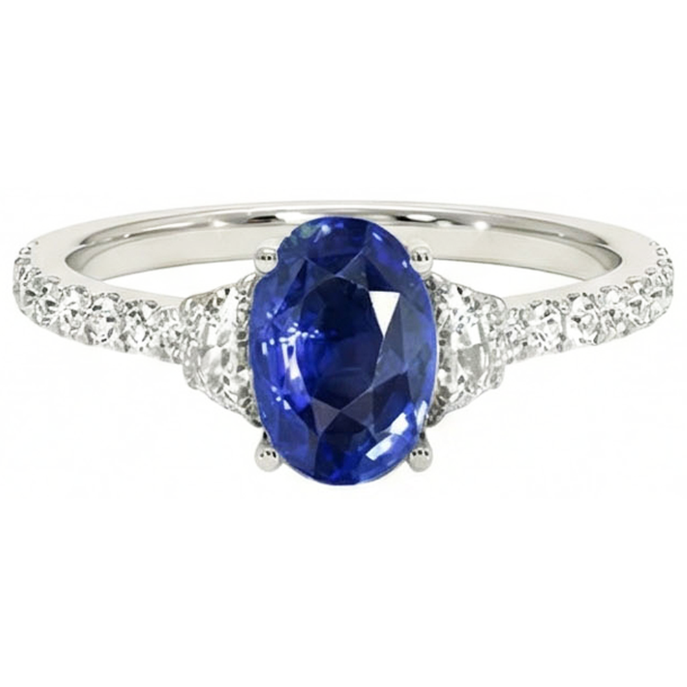Bague Style 3 Pierres Saphir Bleu Ovale 6.75 Carats Or Blanc Véritable