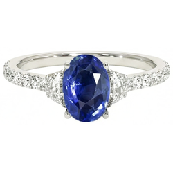 Bague Style 3 Pierres Saphir Bleu Ovale 6.75 Carats Or Blanc Véritable