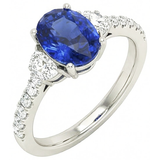 Bague Style 3 Pierres Saphir Bleu Ovale 6.75 Carats Or Blanc Véritable