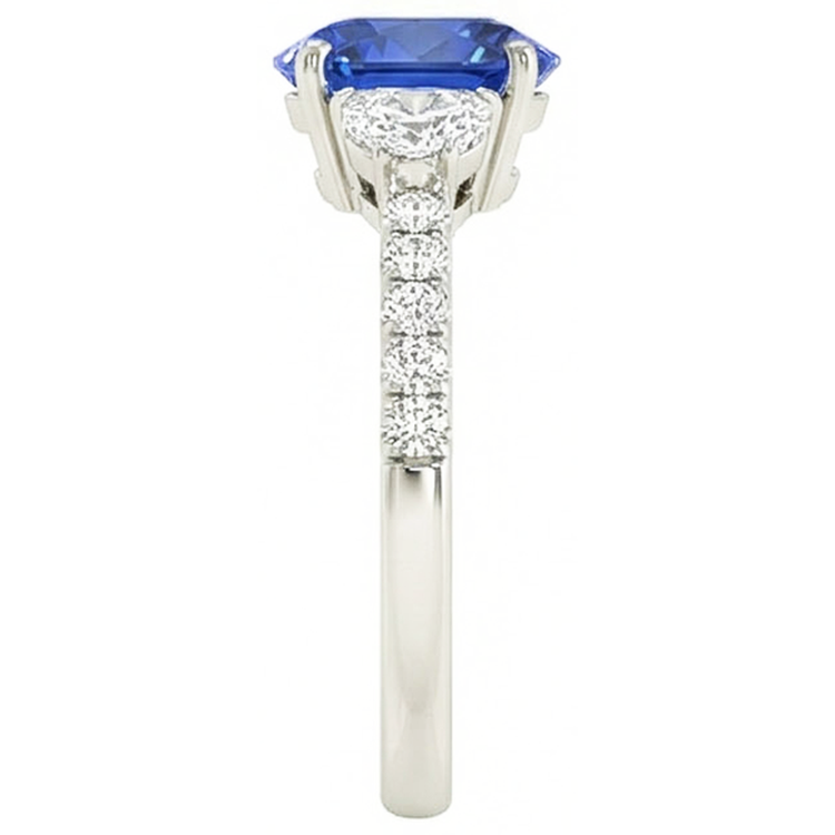 Bague Style 3 Pierres Saphir Bleu Ovale 6.75 Carats Or Blanc Véritable