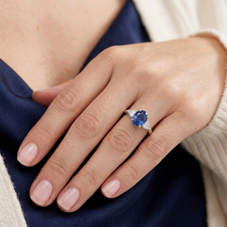 Bague Trois Pierres Ovale Ceylan Saphir Et Diamant Naturels Extraits des Mines ( et non cultivés en laboratoire ) Poire Or 14K 3 Ct