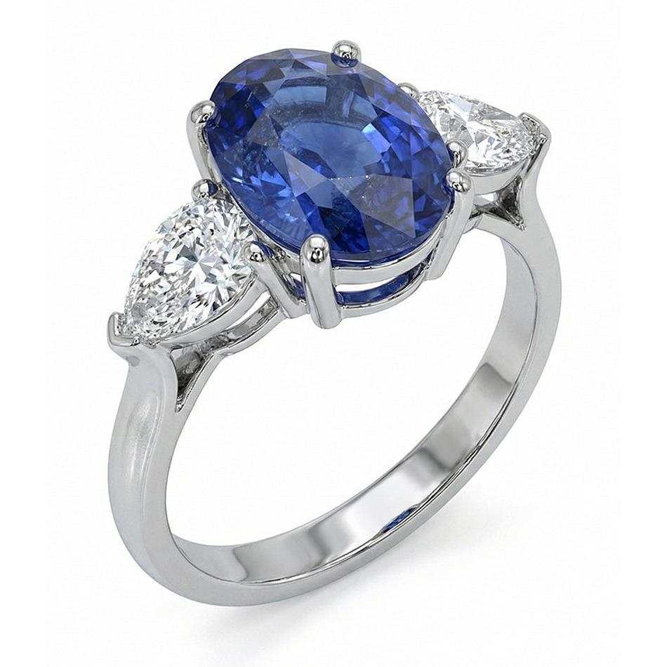 Bague Trois Pierres Poire Diamant Naturels Extraits des Mines ( et non cultivés en laboratoire ) & Ceylan Ovale Saphir Or 9.25 Carats