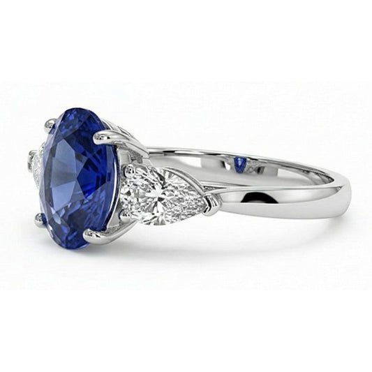 Bague Trois Pierres Poire Diamant Naturels Extraits des Mines ( et non cultivés en laboratoire ) & Ceylan Ovale Saphir Or 9.25 Carats
