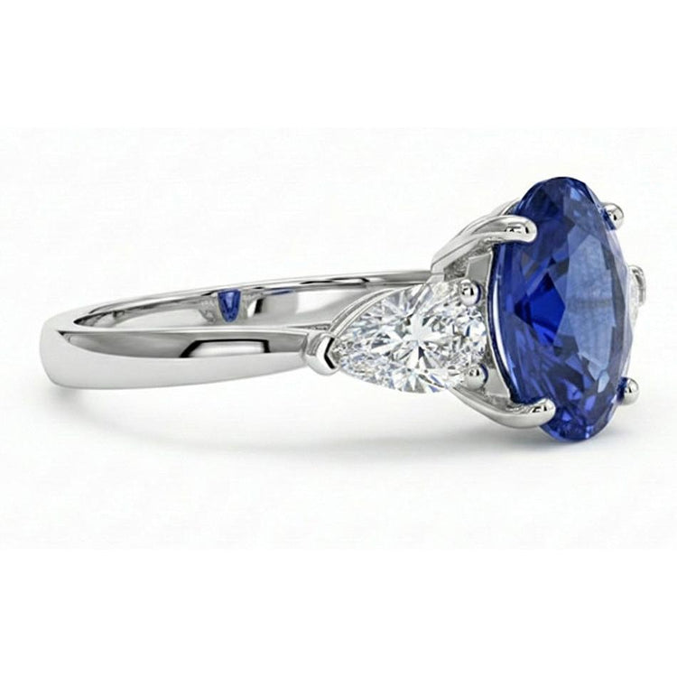 Bague Trois Pierres Poire Diamant Naturels Extraits des Mines ( et non cultivés en laboratoire ) & Ceylan Ovale Saphir Or 9.25 Carats