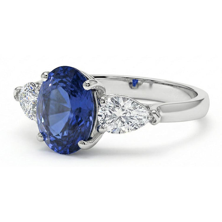 Bague Trois Pierres Poire Diamant Naturels Extraits des Mines ( et non cultivés en laboratoire ) & Ceylan Ovale Saphir Or 9.25 Carats