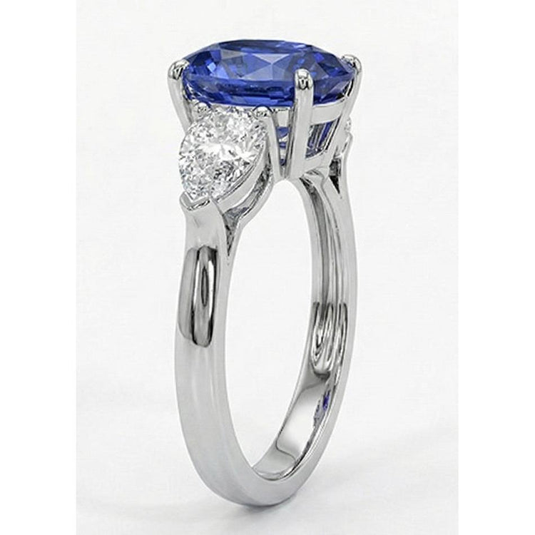 Bague Trois Pierres Poire Diamant Naturels Extraits des Mines ( et non cultivés en laboratoire ) & Ceylan Ovale Saphir Or 9.25 Carats