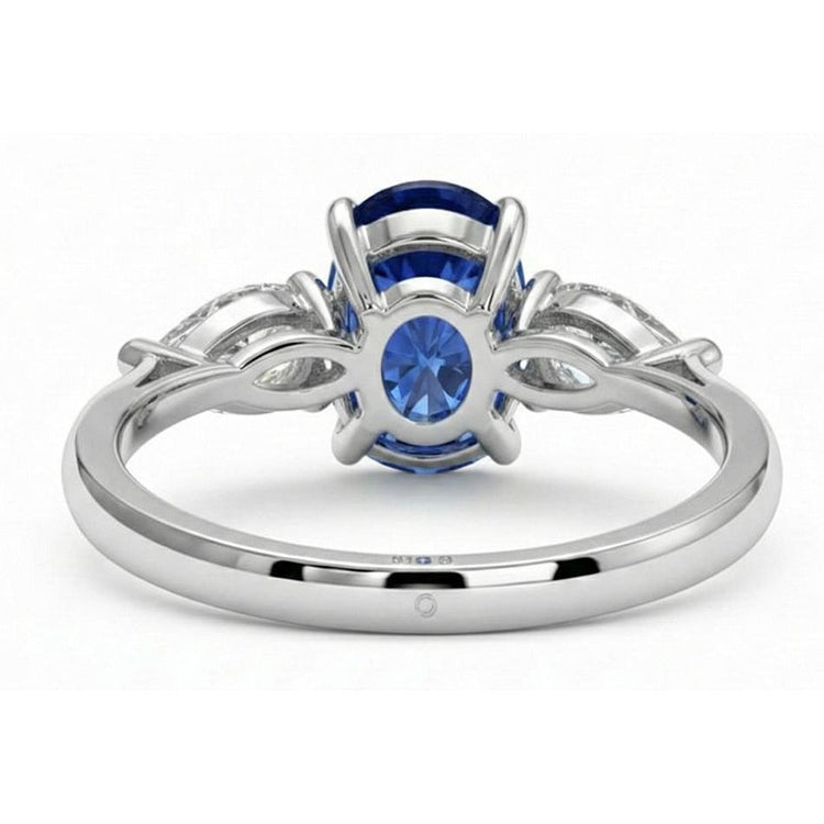 Bague Trois Pierres Poire Diamant Naturels Extraits des Mines ( et non cultivés en laboratoire ) & Ceylan Ovale Saphir Or 9.25 Carats