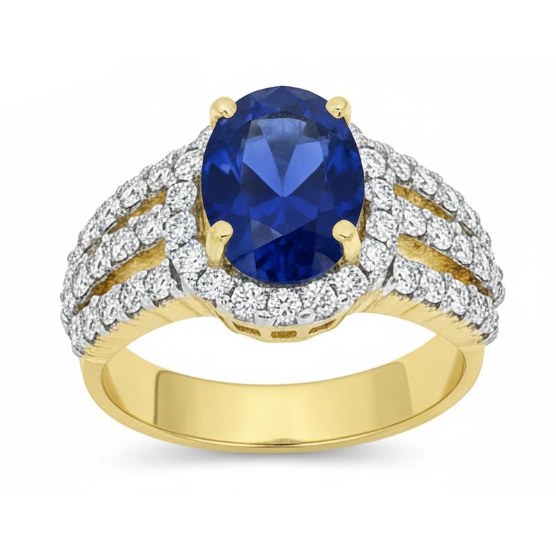 Bague Ceylan Saphir Ovale Et Diamants Naturels Extraits des Mines ( et non cultivés en laboratoire ) Ronds Or 14K 3.51 Carats