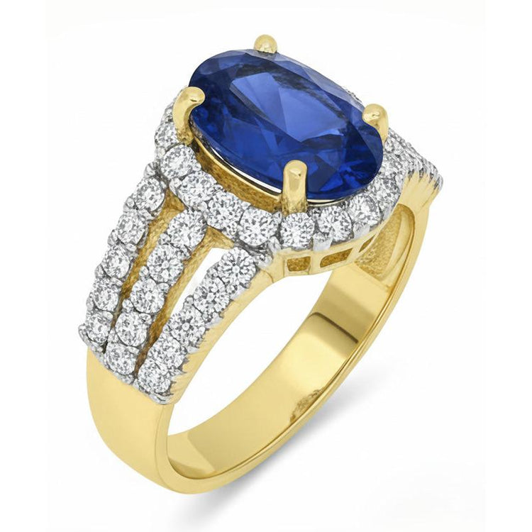 Bague Ceylan Saphir Ovale Et Diamants Ronds Or 14K 3.51 Carats