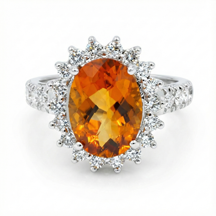 Bague Citrine De Madère En Or Blanc 14K Et Diamants Naturels Extraits des Mines ( et non cultivés en laboratoire ) 22.50 Carats Bijoux