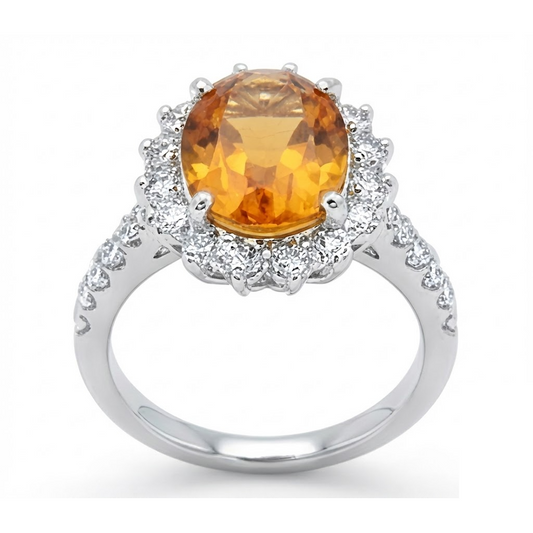 Bague Citrine De Madère En Or Blanc 14K Et Diamants Naturels Extraits des Mines ( et non cultivés en laboratoire ) 22.50 Carats Bijoux