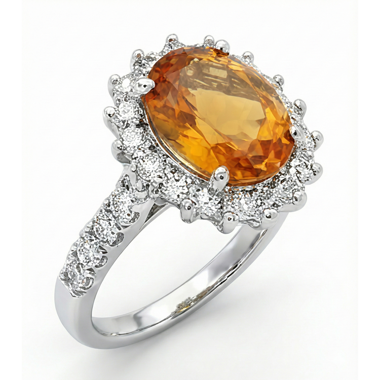 Bague Citrine De Madère En Or Blanc 14K Et Diamants Naturels Extraits des Mines ( et non cultivés en laboratoire ) 22.50 Carats Bijoux