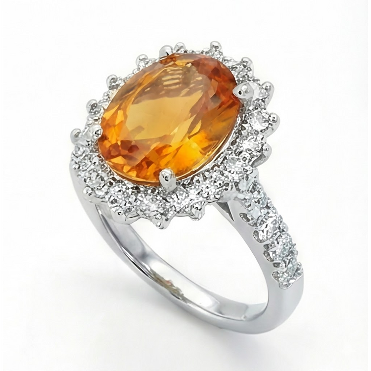 Bague Citrine De Madère En Or Blanc 14K Et Diamants Naturels Extraits des Mines ( et non cultivés en laboratoire ) 22.50 Carats Bijoux