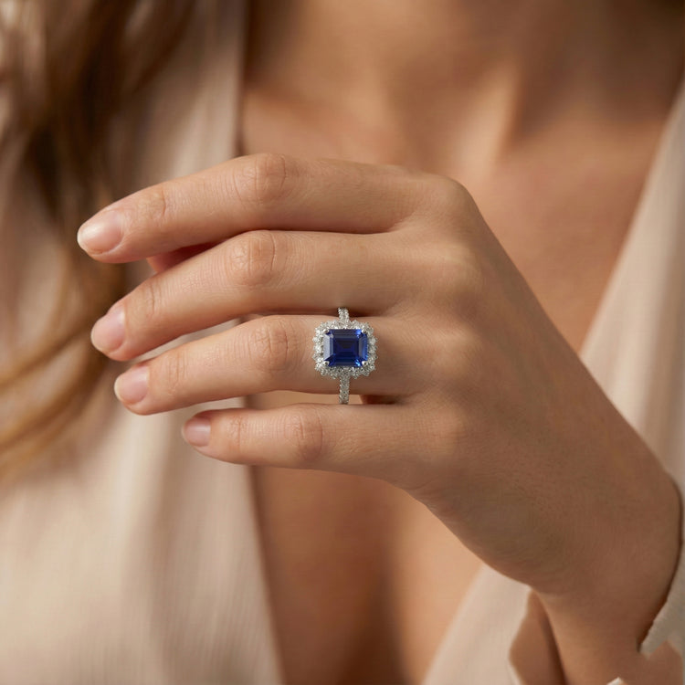 Bague De Fiançailles Halo Diamant Naturels Extraits des Mines ( et non cultivés en laboratoire ) Et Saphir