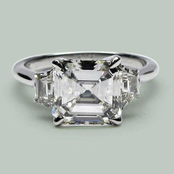 Bague Eagle Claw Prongs Asscher & Trapèze Réel Diamant 3 Pierres