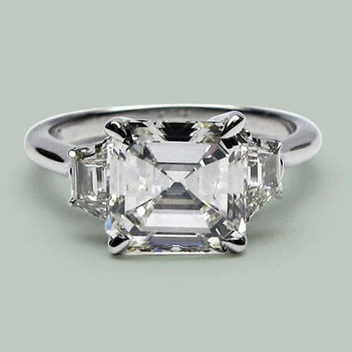 Bague Eagle Claw Prongs Asscher & Trapèze Réel Diamant 3 Pierres
