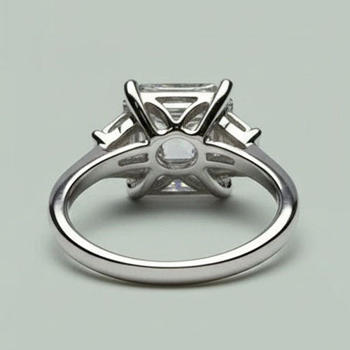 Bague Eagle Claw Prongs Asscher & Trapèze Réel Diamant 3 Pierres