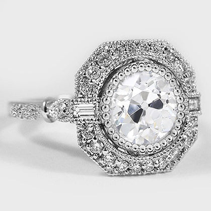 Bague Halo Baguette & Véritable Diamants Ronds Taille Vieille Mine 3.75 Carats Millgrain