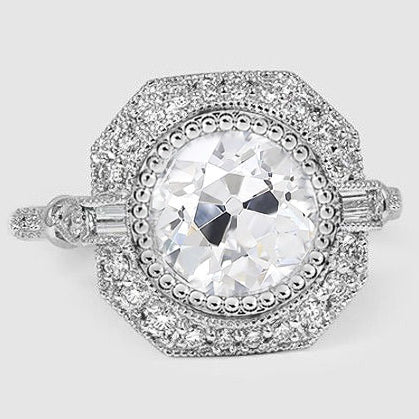 Bague Halo Baguette & Véritable Diamants Ronds Taille Vieille Mine 3.75 Carats Millgrain