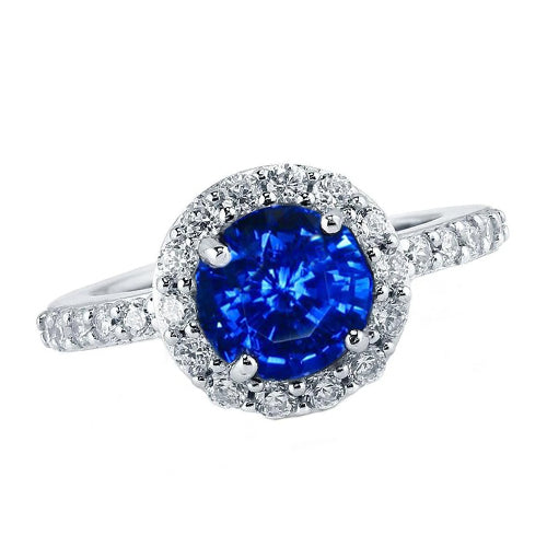 Bague Halo De Diamants Saphir Sri Lanka Coupe Ronde Or Blanc 14K