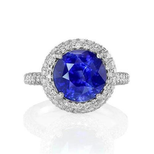 Bague Halo Diamant Taille Ronde Et Saphir Bleu Sri Lanka 14K