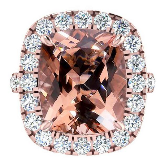 Bague Morganite Gros Coussin 12,50 Cts Avec Diamants Or Rose 14K
