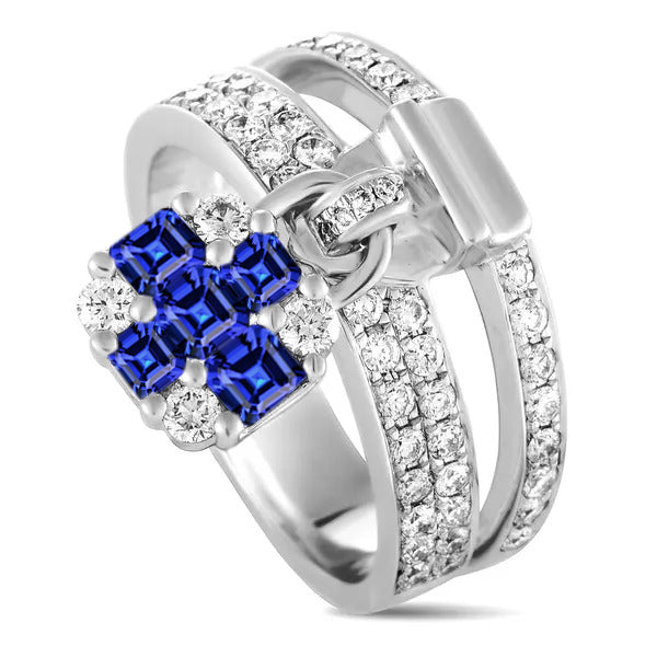 Bague Saphir Asscher Diamant Rond Style Serrure Tige Fendue