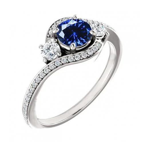 Bague Saphir Bleu Ceylan Et Diamants Or Blanc 14K