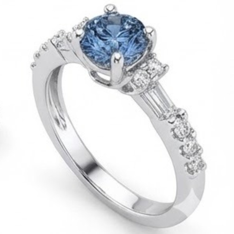 Bague de Fiançailles Or Blanc 1 Carat Diamants Blancs Bleus