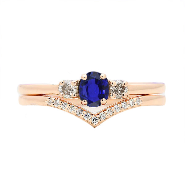 Bague de Mariage 3 Pierres Sertie Saphir Bleu Avec Bande de Diamants