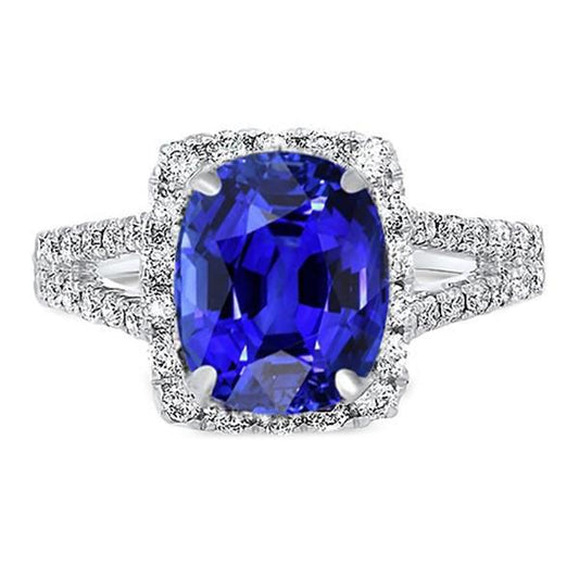 Bague diamant halo ovale saphir bleu tige fendue 5.50 carats bijoux