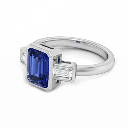 Bague saphir diamant émeraude trois pierres sertie demi-clos 1.75 carats