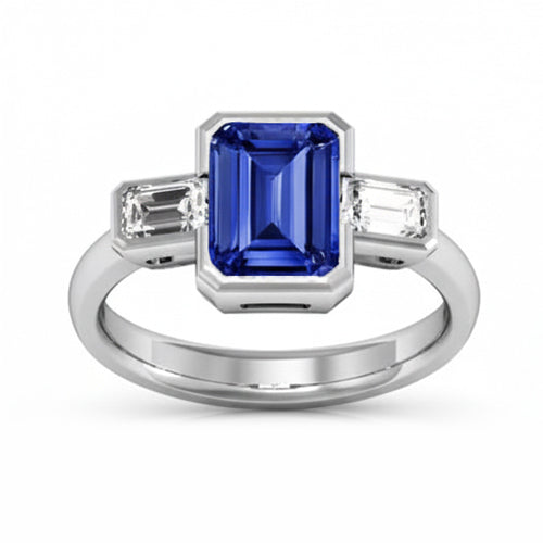 Bague saphir diamant émeraude trois pierres sertie demi-clos 1.75 carats