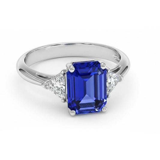 Bague dame trois pierres diamant et émeraude saphir du Sri Lanka 7 carats