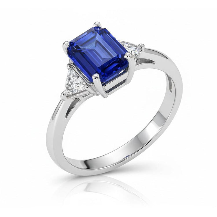 Bague dame trois pierres diamant et émeraude saphir du Sri Lanka 7 carats