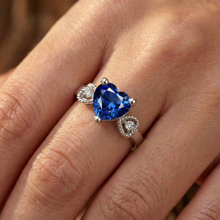 Bague de Fiançailles Diamant 3 Pierres Coeur Saphir Bleu 2.25 Carats