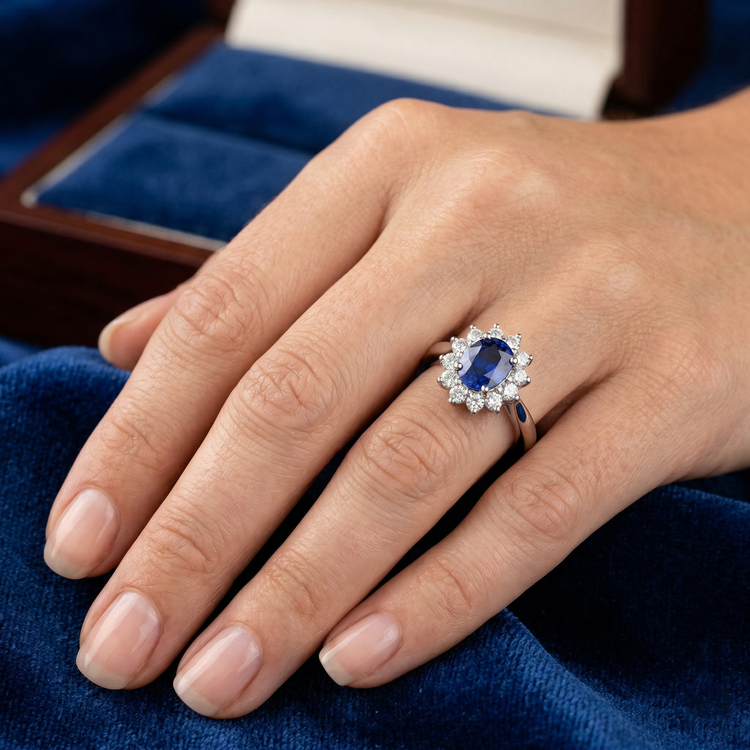 Bague de Fiançailles Diamant Naturels Extraits des Mines ( et non cultivés en laboratoire ) Saphir Bleu Sri Lanka 2.60 Ct Or Blanc 14K