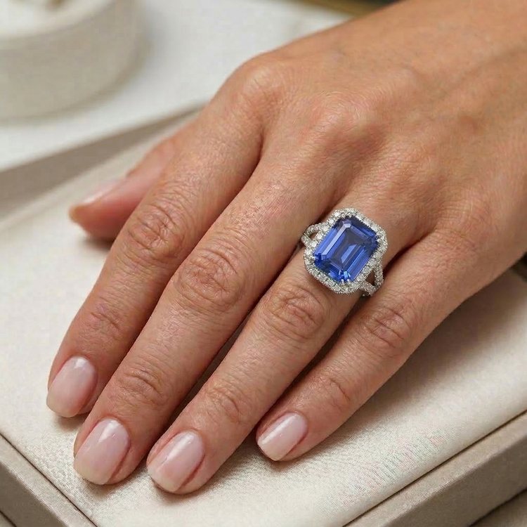 Bague de fiançailles diamant rond halo et saphir de Ceylan 11.75 carats
