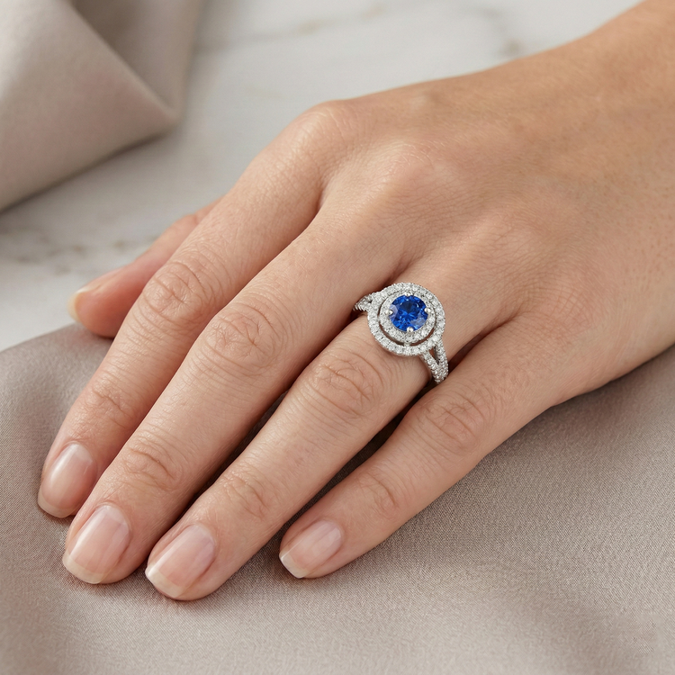 Bague de fiançailles en saphir du Sri Lanka et diamants de 4.25 carats en or 14k
