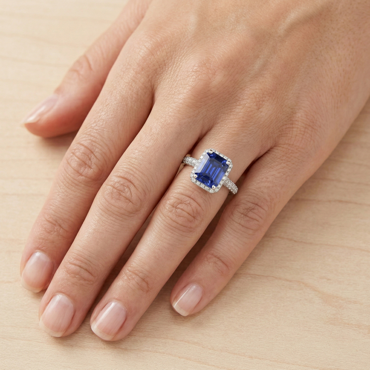 Bague de fiançailles halo saphir double rangée sertie de diamants 4 carats